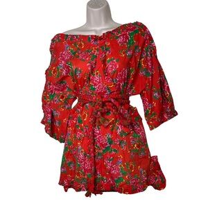 RHODE Resort red floral mini cotton dress with braided tie belt sz XS/S